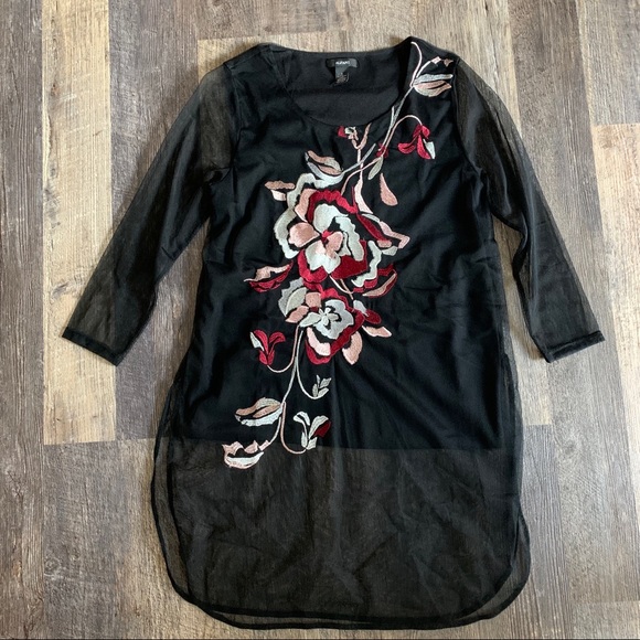 Alfani Tops - Alfani Mesh Tunic with Embroidered Flowers